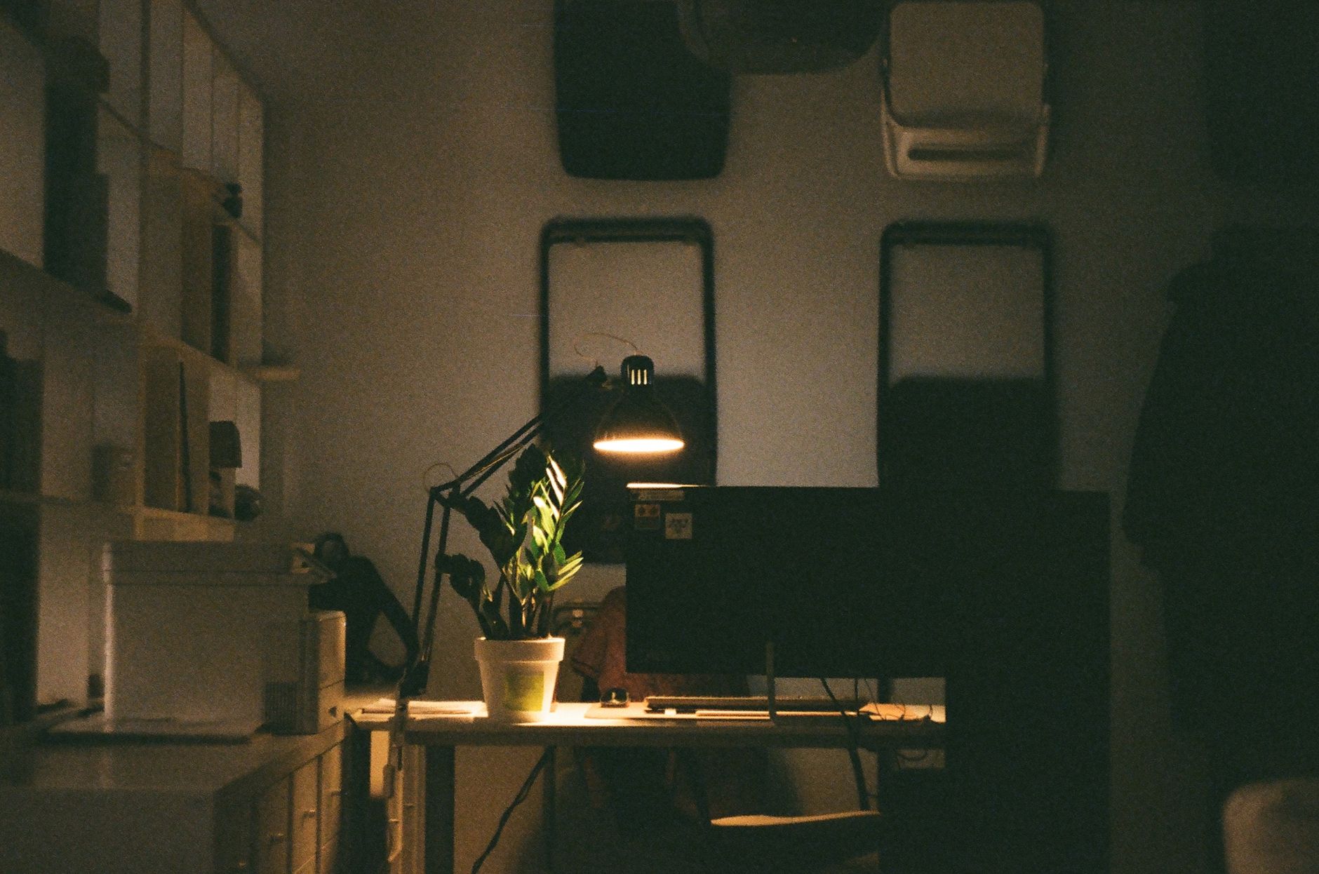 Espacio de trabajo con lámpara de escritorio y una planta, ambiente tranquilo y moderno.